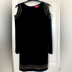 Open Shoulder Black Dress with Gold Accents